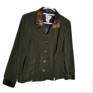 Miss Dorby Blazer Jacket Women's 16 Green Suede Feel Animal Print Collar Cuffs